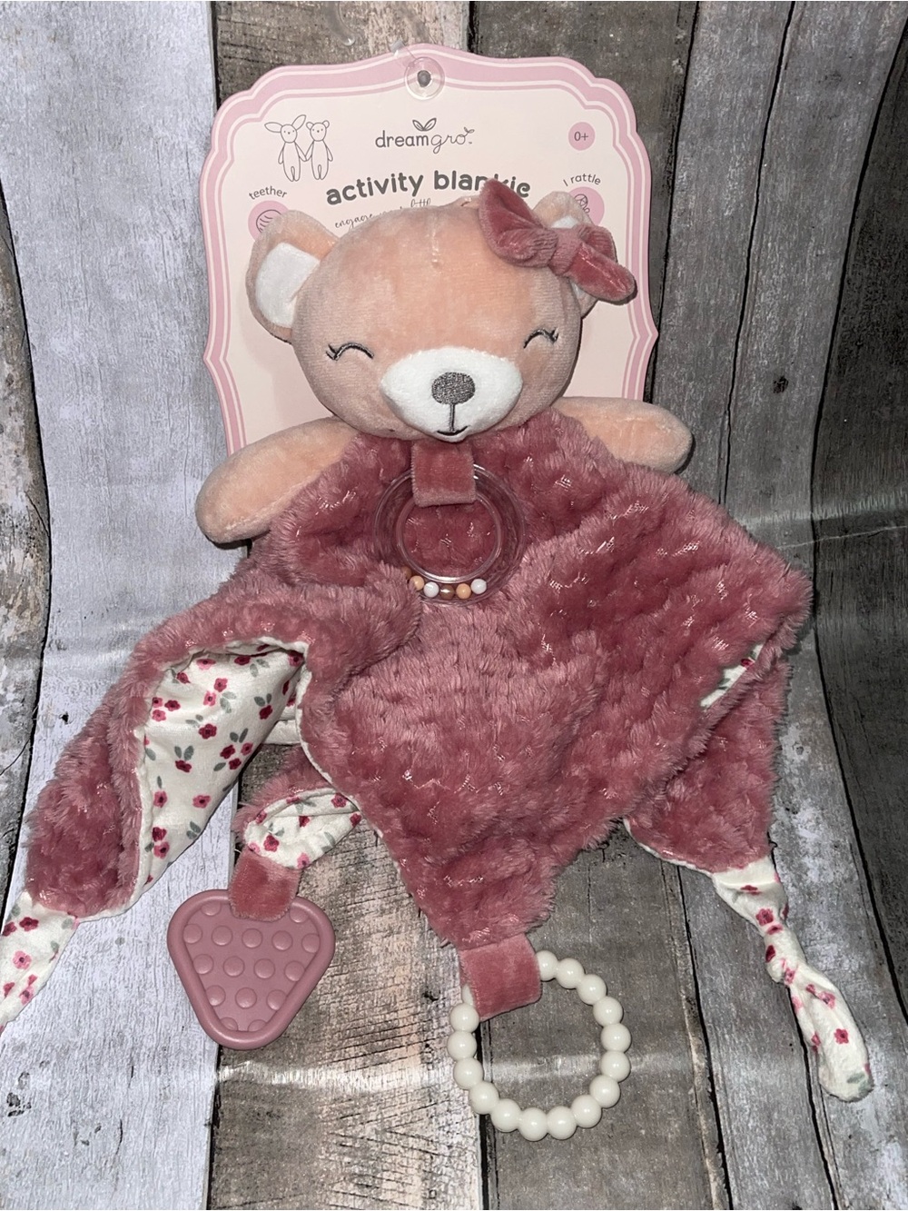 New Dream Gro Activity Blankie Pink Bear Teether Rattle Plush Blanket Infant